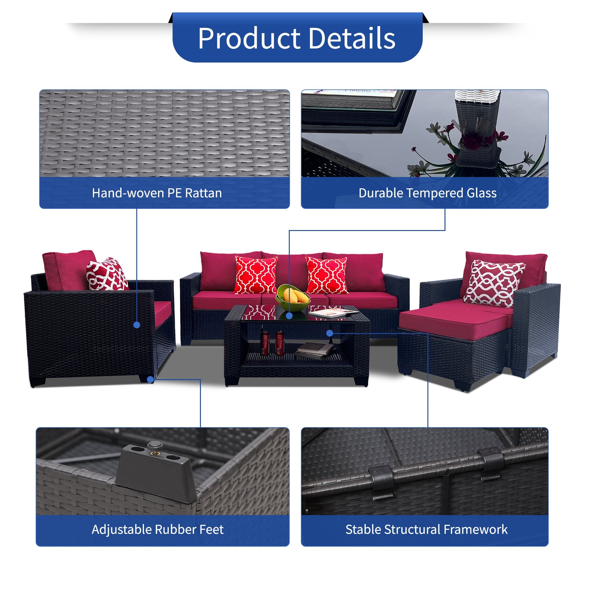 Outdoor Garden Patio Furniture 7-Piece PE Rattan Wicker Cushioned Sofa Sets  and Coffee Table, patio furniture set;outdoor couch;outdoor couch patio furniture;outdoor sofa;patio couch