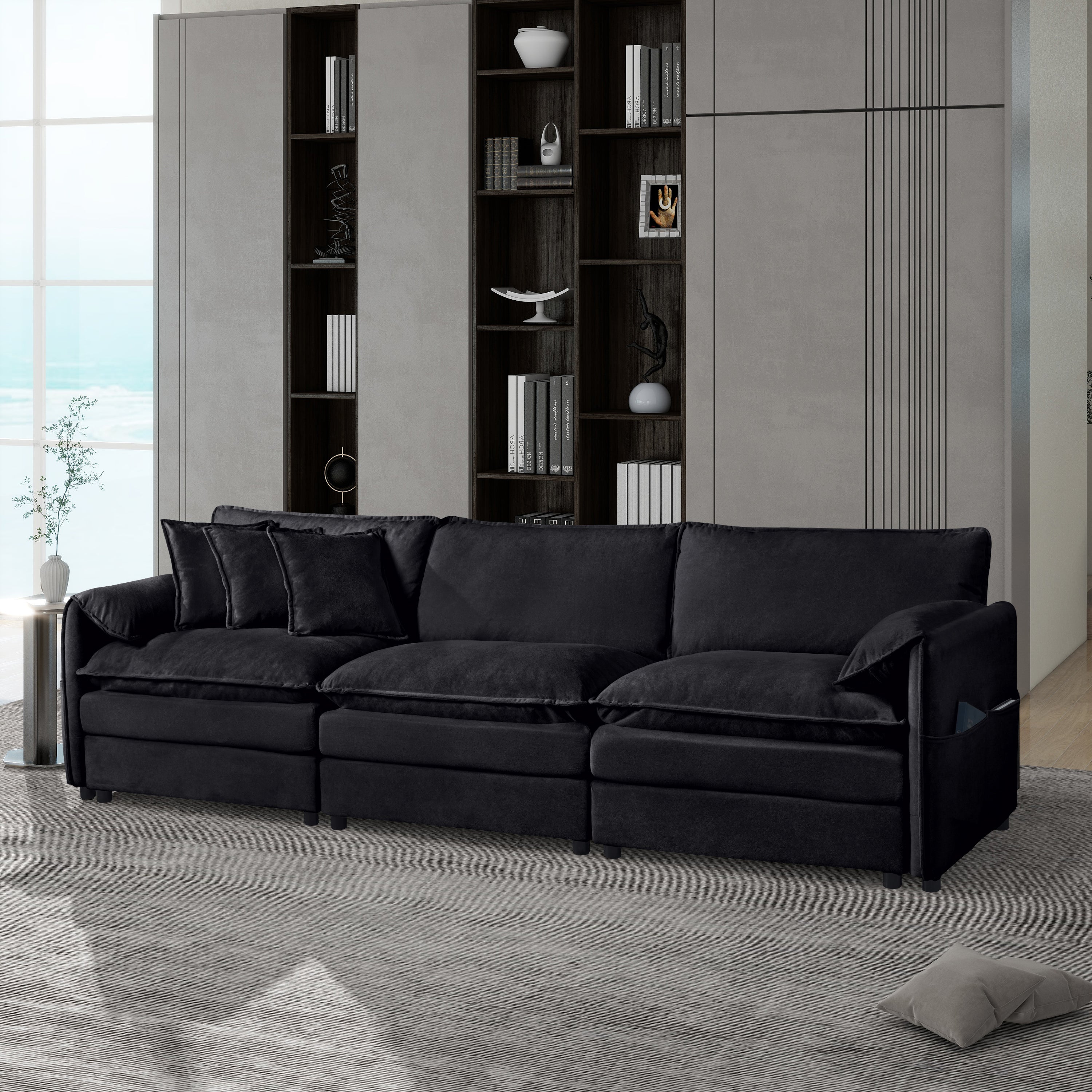 Oversized Deep Seat Sectional Sofa, Green Modern Chenille Cloud Couch, Large 3 Seater Modular Sofa with 3 Pillows for Living Room Bedroom Apartment Office,DIY Combination,Black