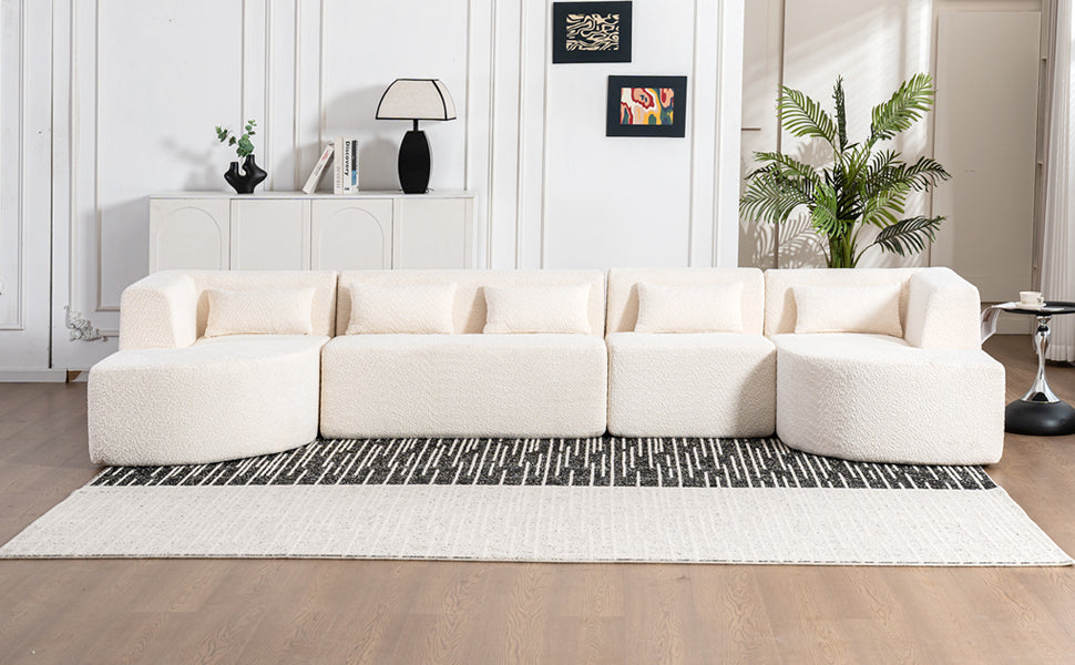 144' Upholstered Sofa Free-combined Sofa Couch with Two Chaise Lounge and Five Back Pillows for Living Room(Old SKU: N719S001600A), Beige