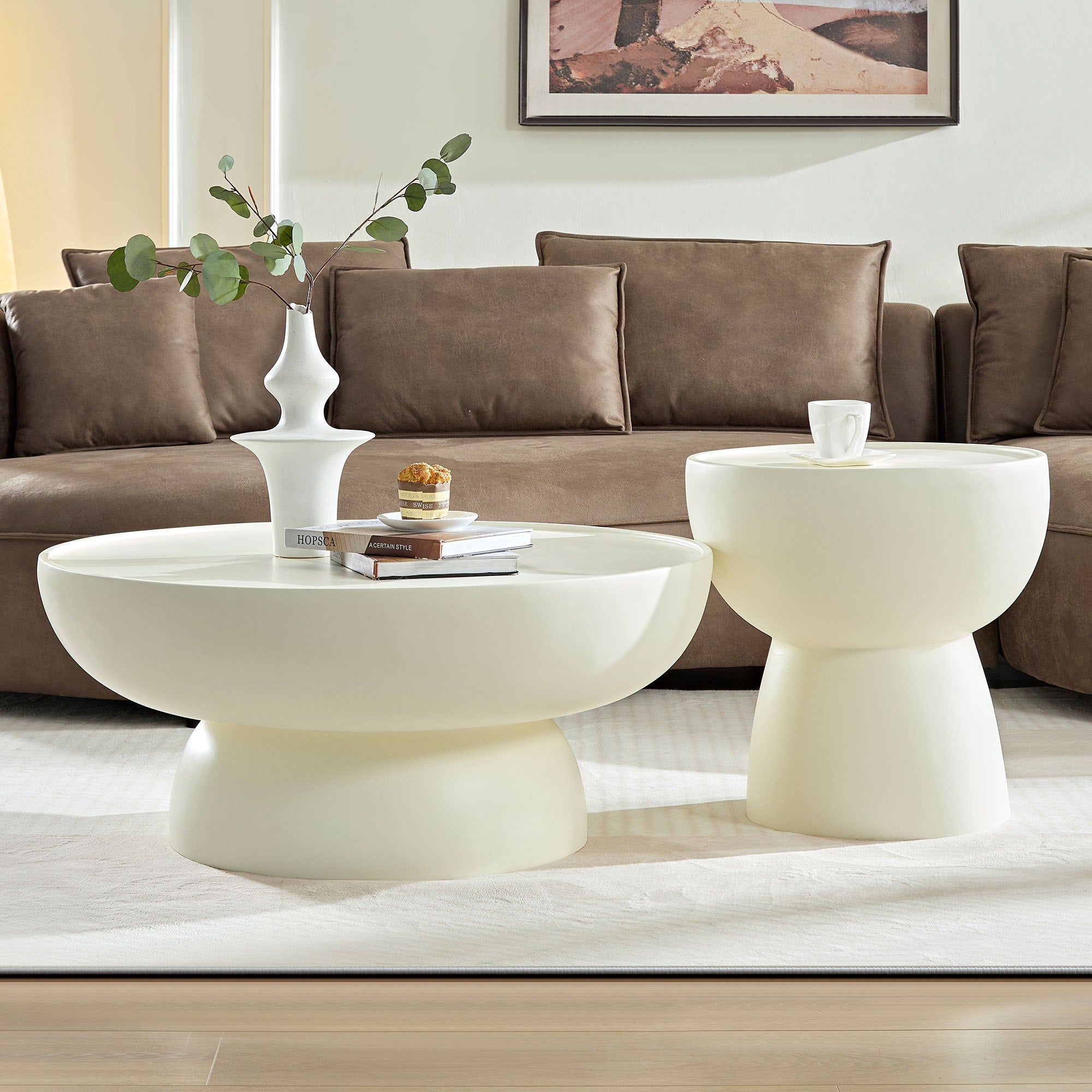Fiberglass Cream Style Coffee Table Set of 2 for Living Room,Matte White Round Table front of the Sofa, Irregular Center Table for Apartment,No Need Assembly