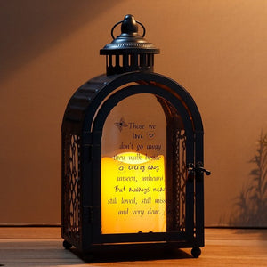 11'' High Remembrance Lantern by JHY DESIGN; black metal decorative candle lantern with memorial poem and warm glow.