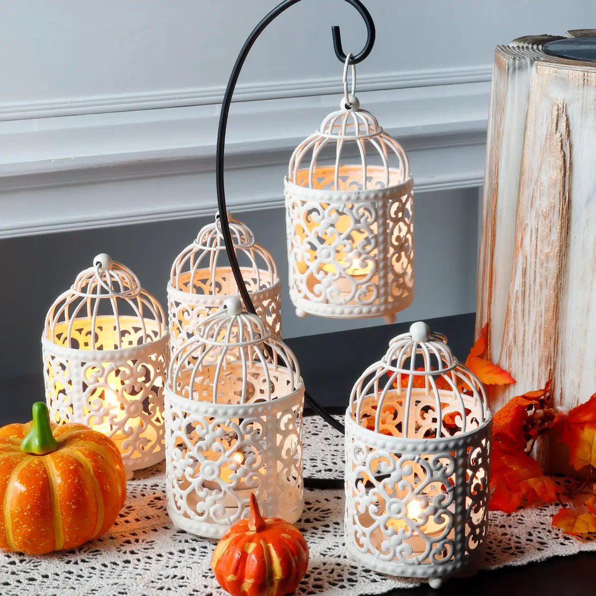 6-pack small white metal candle lanterns by JHY DESIGN; ornate lattice cages with candles