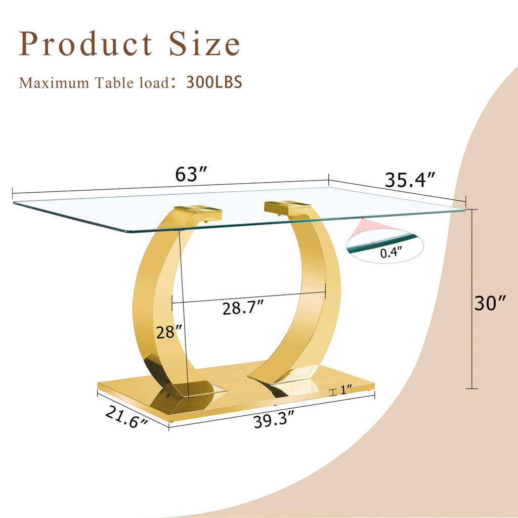 63 x 35.4 x 30-inch Transparent Glass Dining Table - A Perfect Blend of Durability and Elegance.Transparent Tempered Glass Tabletop,Golden stainless steel metal table legs.