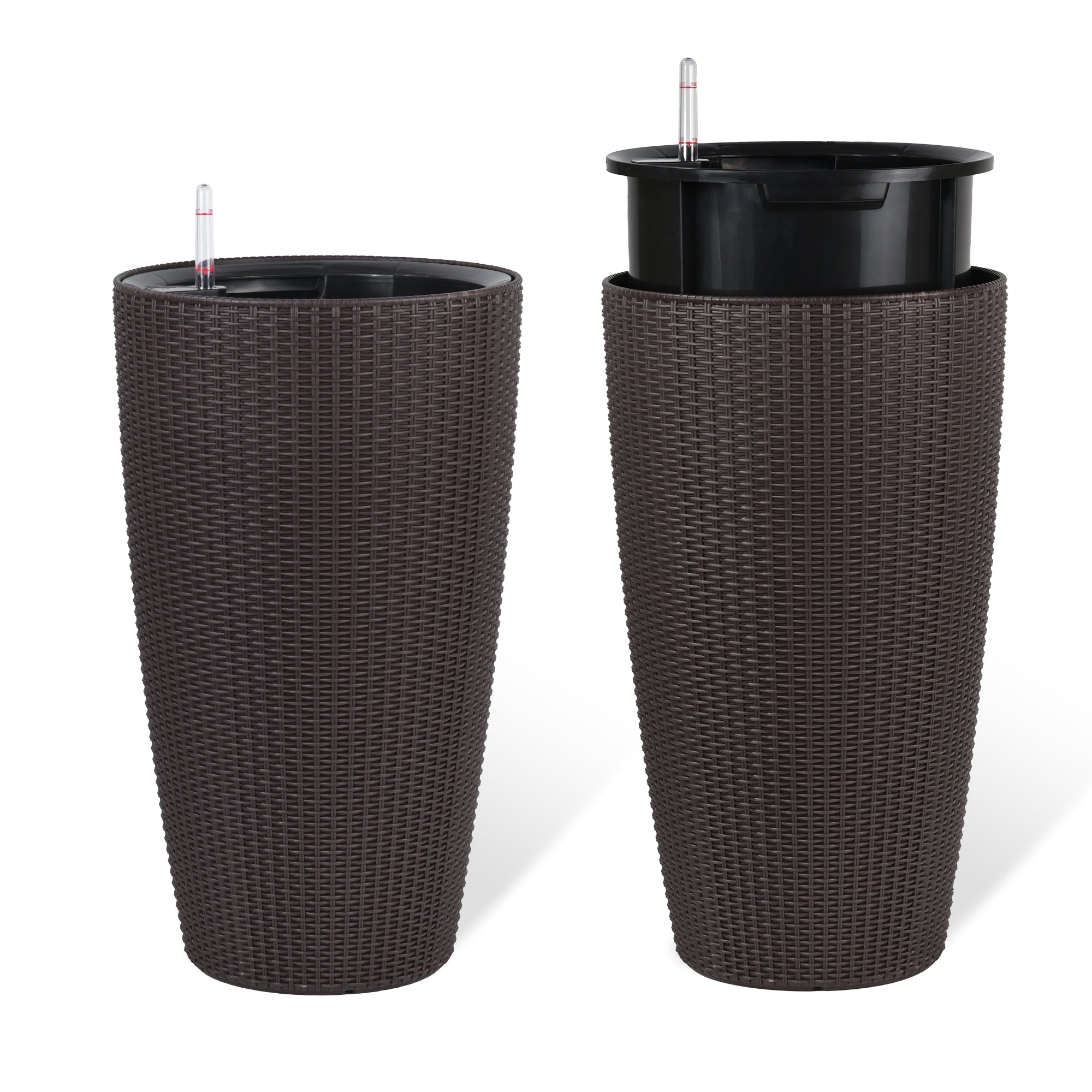 Faux Rattan Tall Planters Set of 2 with Water Level Monitor and Automatic Watering, Brown, 22 Inch