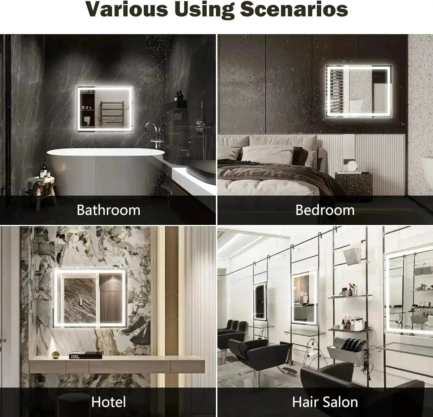 HAUSVITA 20 x 28 inch Center Glow LED bathroom mirror shown in bathroom, bedroom, hotel and hair salon settings