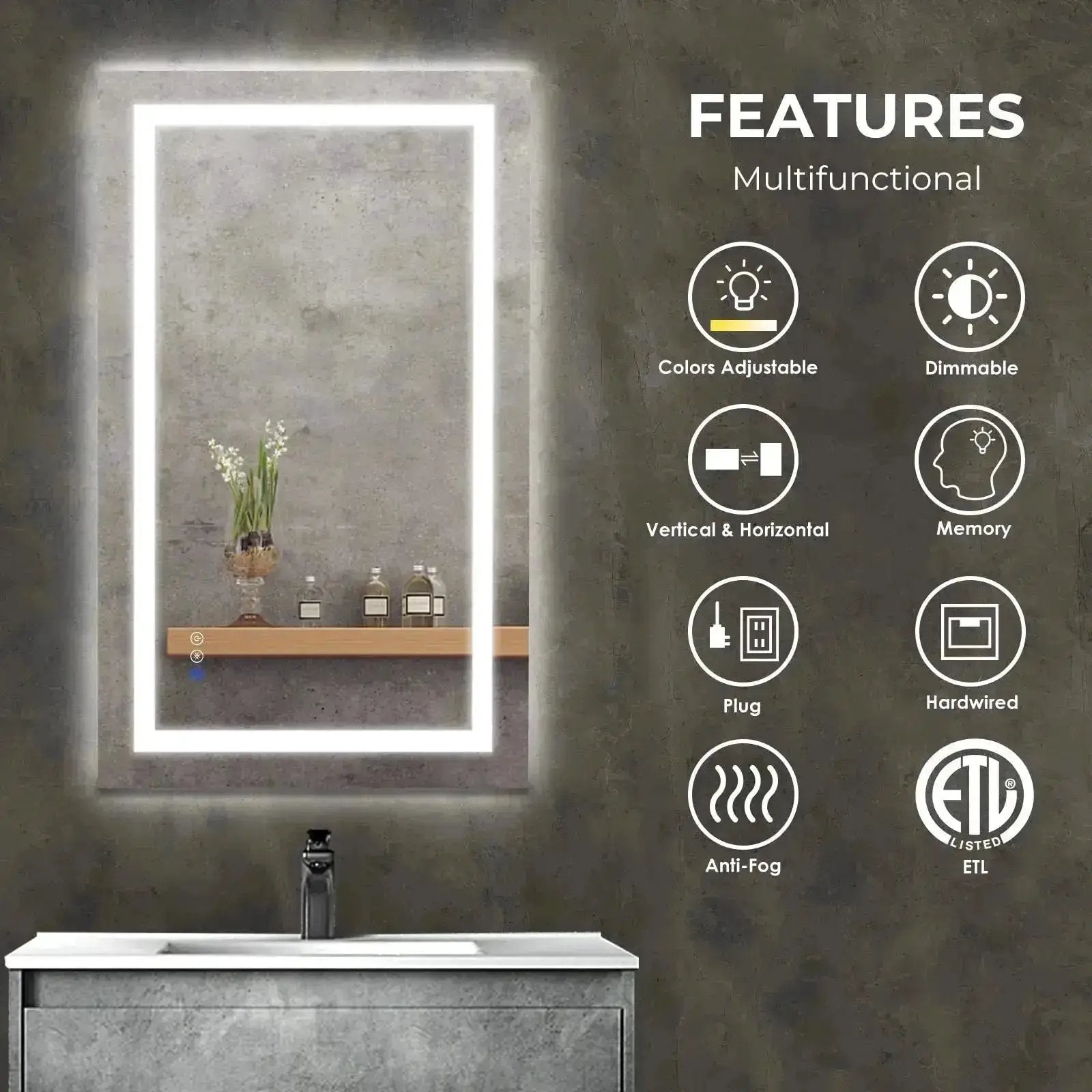 36 x 24 inch Center Glow LED bathroom mirror by HAUSVITA with edge-lit frame.