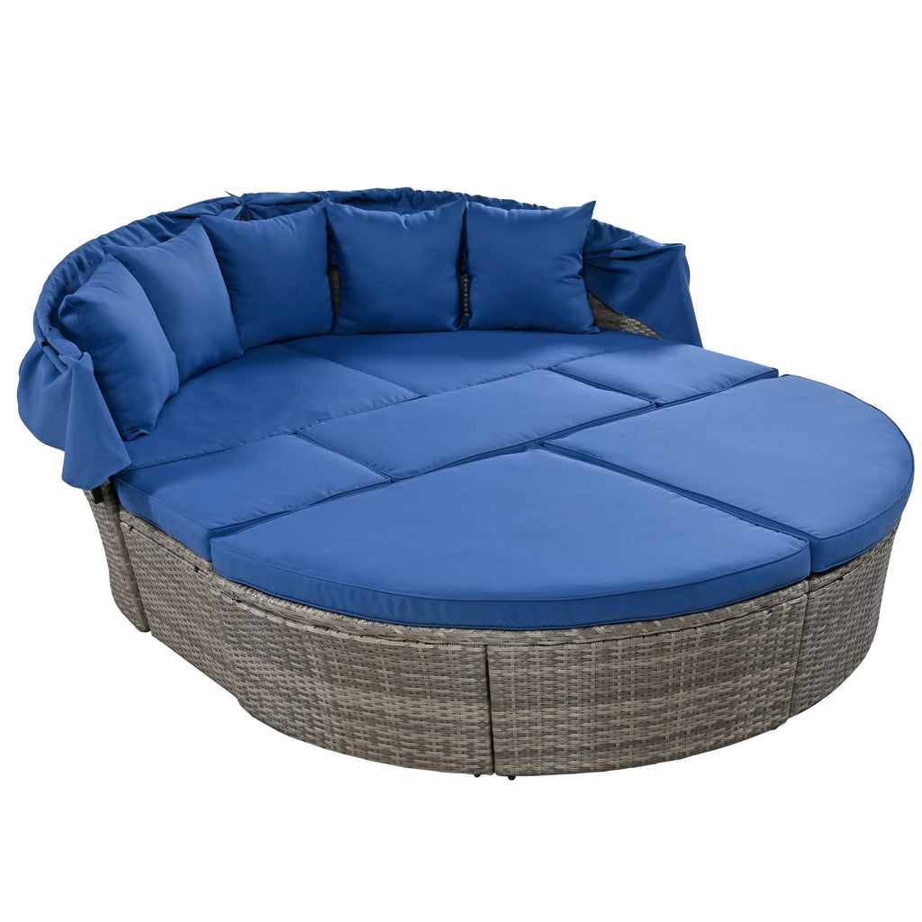 GO Outdoor rattan daybed sunbed with Retractable Canopy Wicker Furniture, Round Outdoor Sectional Sofa Set, Gray Wicker Furniture Clamshell Seating with Washable Cushions, Backyard, Porch, Blue