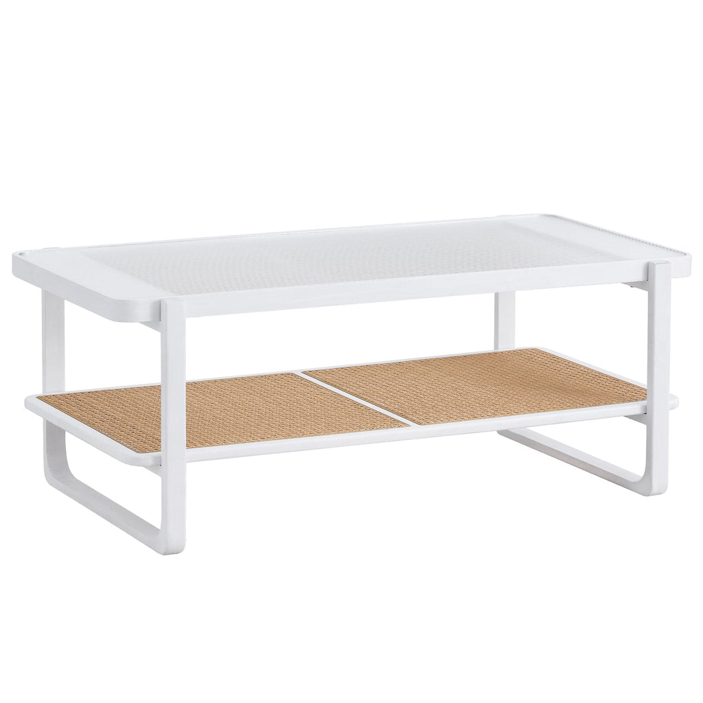 Modern minimalist white double layered solid wood coffee table. Glass tabletop, imitation rattan  edge table. Rectangular table suitable for living room, dining room, and bedroom