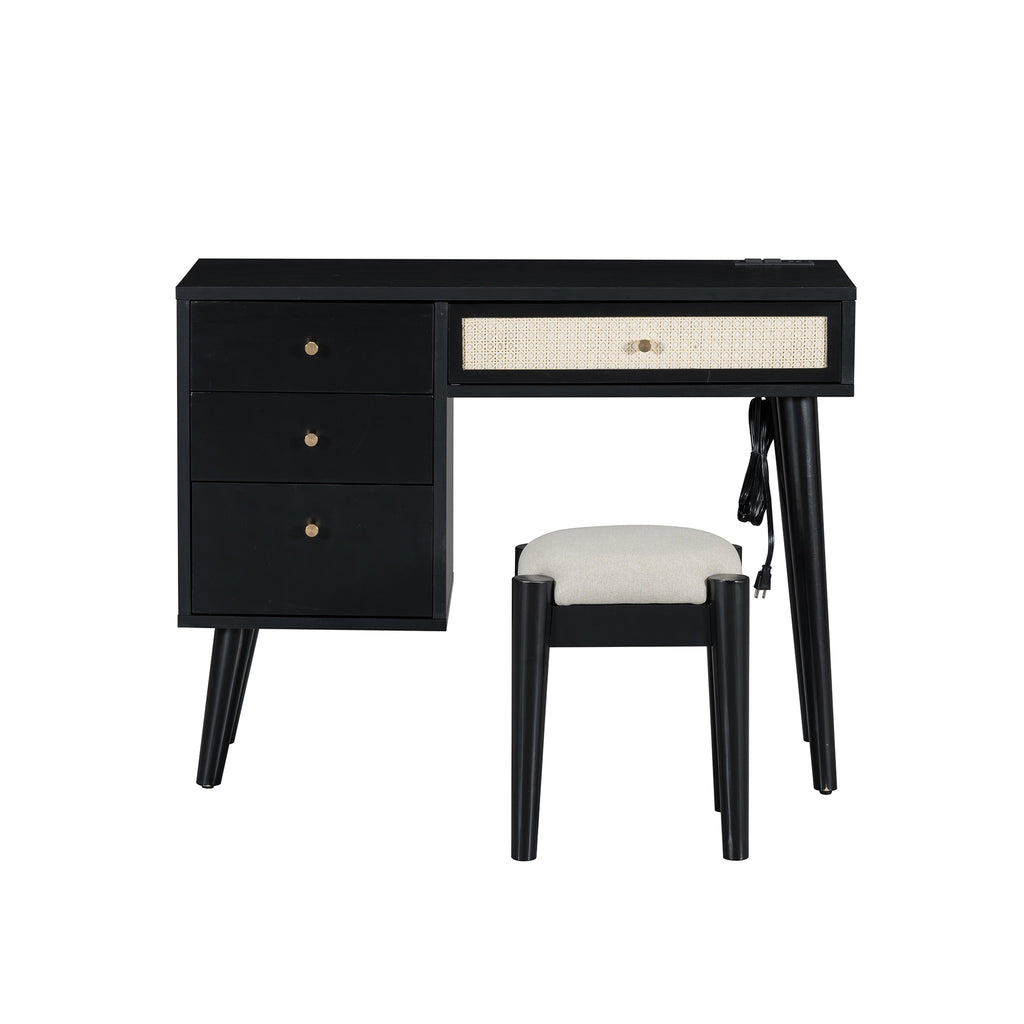 3 Pieces Bedroom Set with Full Size Wooden Bed Frame, 1 Vintage  Nightstand and 1 Makeup Vanity Set with Stool,Black