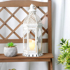 15in Outdoor Candle Lantern by JHY DESIGN, vintage white metal with lattice panels and a lit candle.