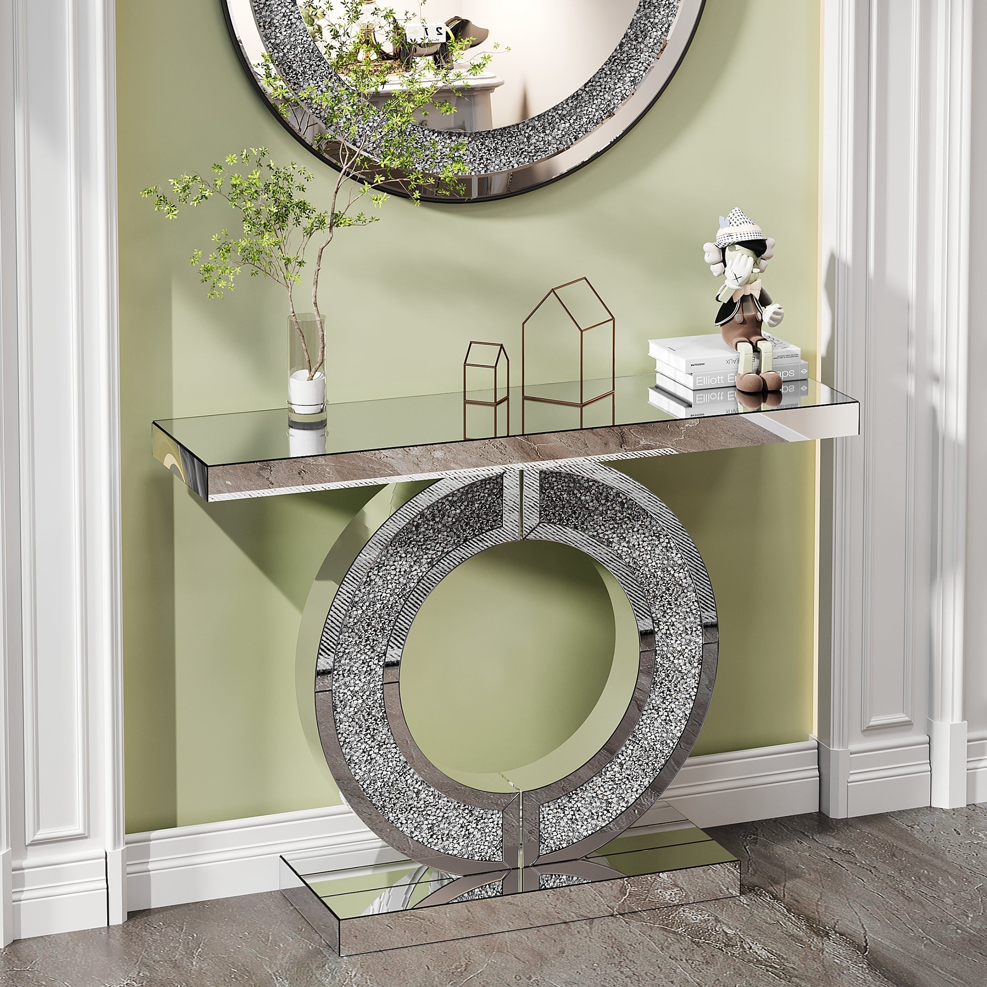 O Shaped Mirror Console Table with Crystal Hallway Entry Home Décor, Handicrafts Mirror Table for Living Room,Mirror Glass Table for Room