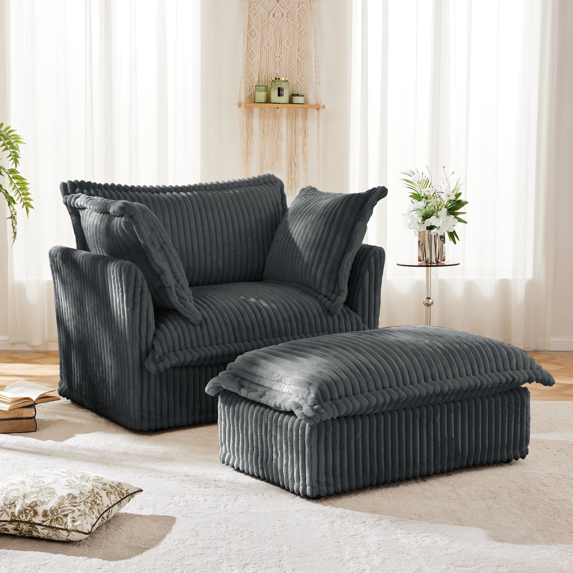 Upholstered Slipcovered Armchair with Ottoman,  Deep Seat Armchair W/ Wide Ottoman for Living Room, Armchair Sets with Large Soft Pillows(Set of 2),Gray Corduroy Fabric