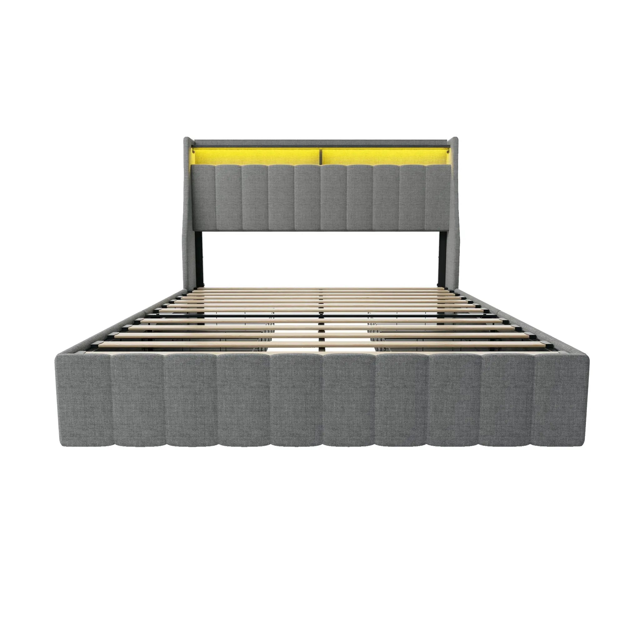 Bed With LED Lights, 4 Drawers, Winged Headboard Upholstered