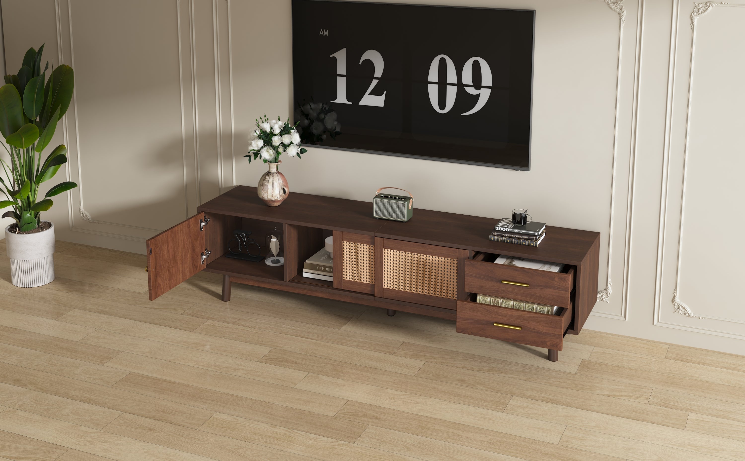 Mid Century Modern TV Stand for 80' TVs, Entertainment Center with Sliding Doors and Drawers, TV Table with Storage for Living Room, Bedroom