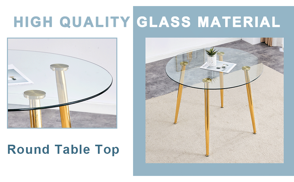 Round dining table with glass top, gilded metal legs, exquisite living, starting from the details, the gold legs show an extraordinary texture, which is the finishing touch to your home.36*36