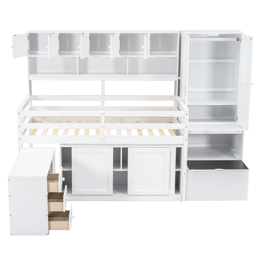 Twin Size Wooden Loft Bed Big Storage with Under-bed Desk, with Drawers, with Shelves, White