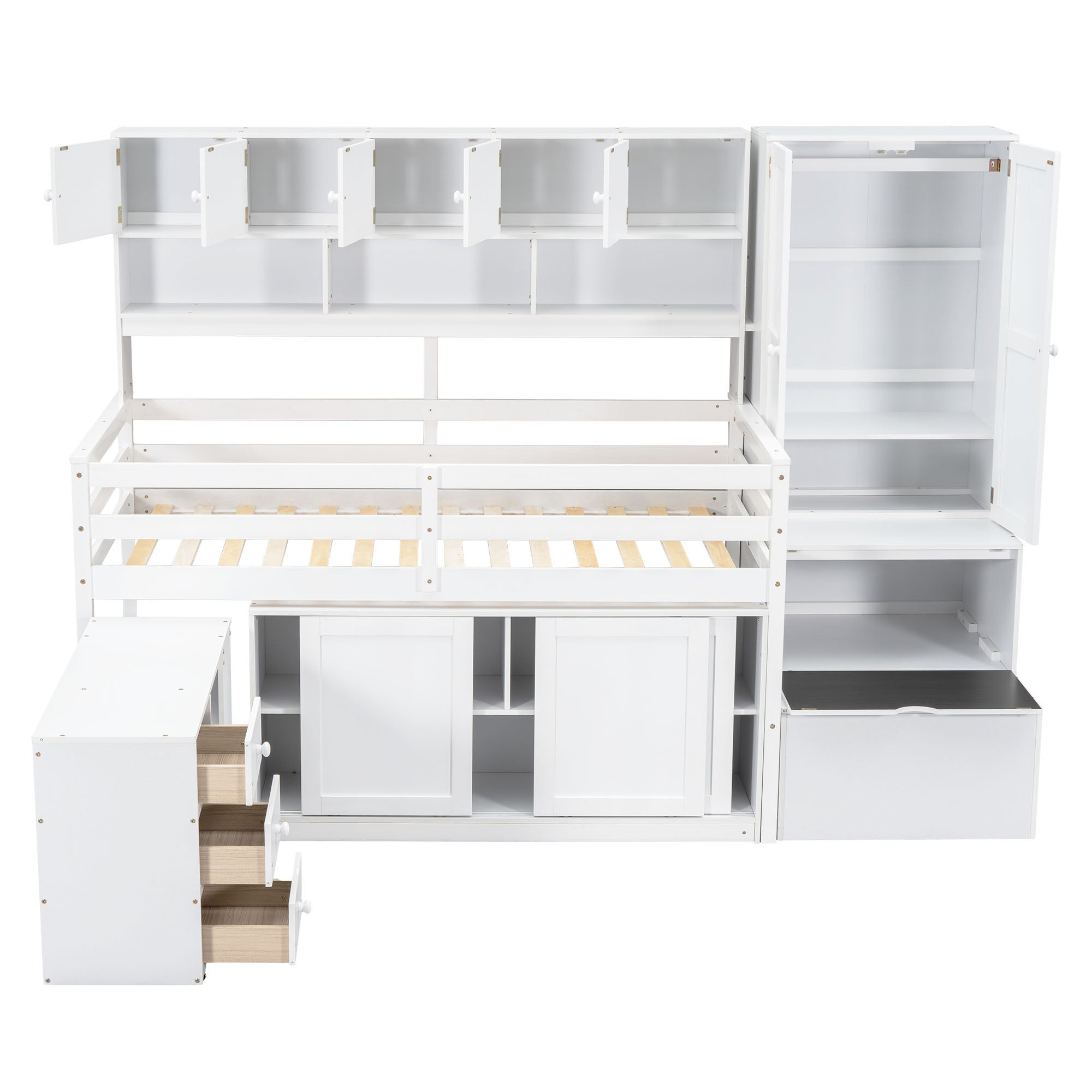 Twin Size Wooden Loft Bed Big Storage with Under-bed Desk, with Drawers, with Shelves, White