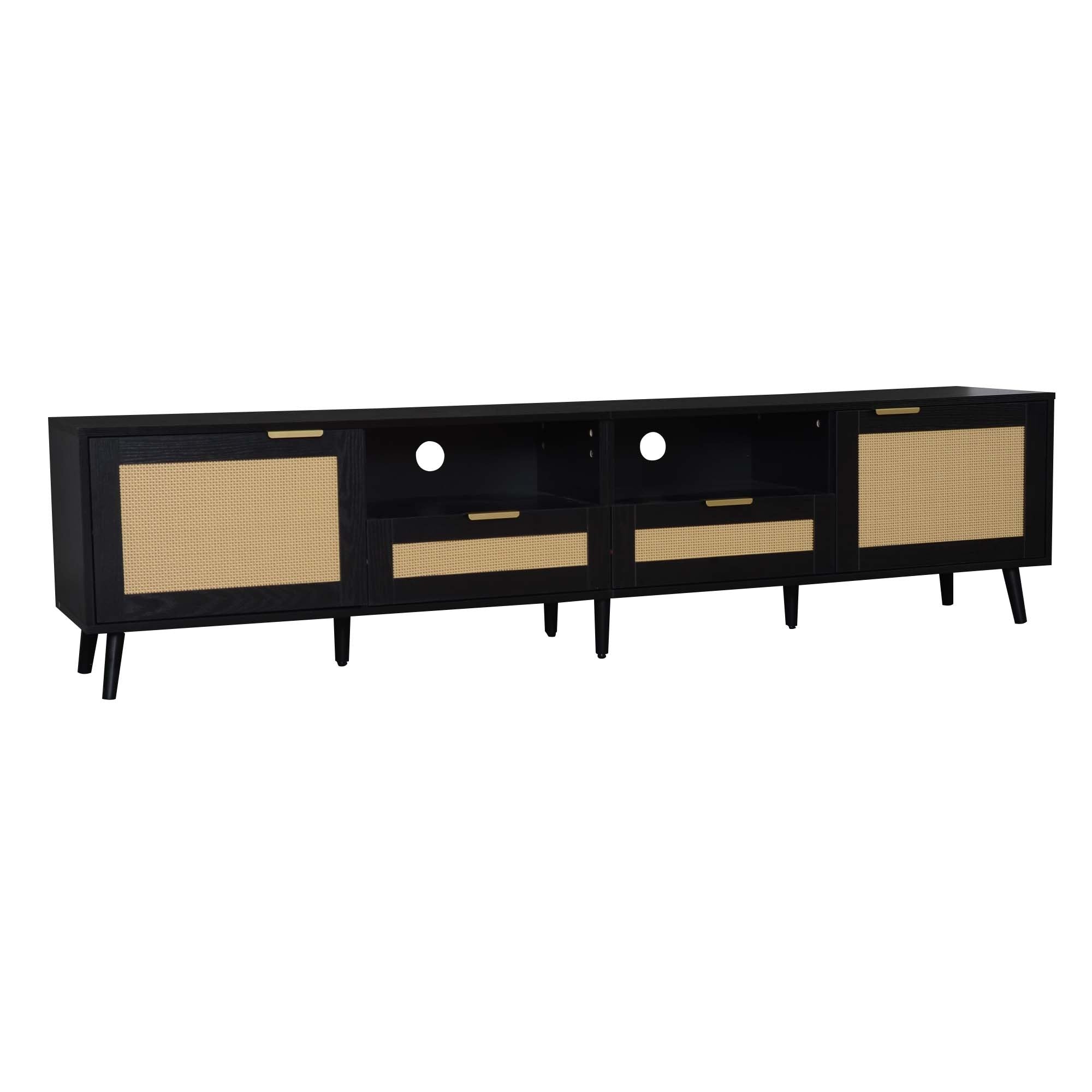 Rattan TV Stand for TVs up to 85'', Modern Farmhouse Media Console, Entertainment Center with Solid Wood Legs, TV Cabinet for Living Room,Home Theatre