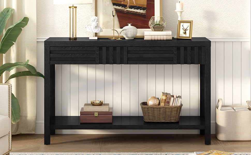 U_STYLE Modern Ash Veneer Console Table, Classic Striped Design, with 2 Drawers & Open Shelf, Perfect for Living Room, Hallway, Entryway, Study Room