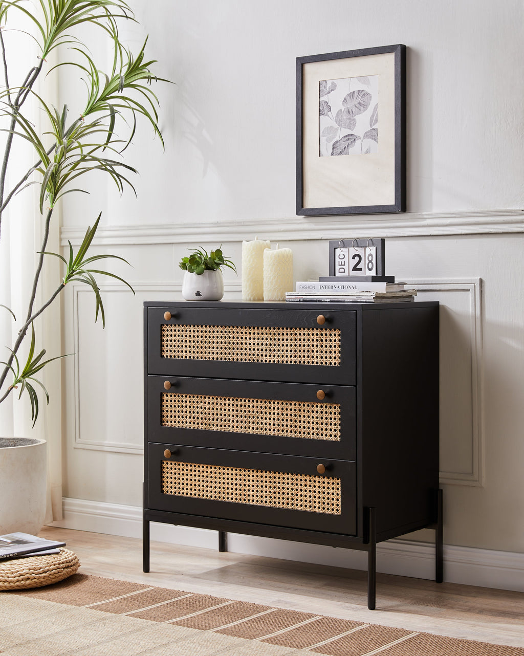 Rattan Storage Cabinet with 3 Large Drawers, Boho Mid-Century Wooden Nightstand Drawer Dresser, Sideboard Buffet Cabinet with Storage for Living Room Dining Room Hallway Bedroom, 30×15.8×30 Inches