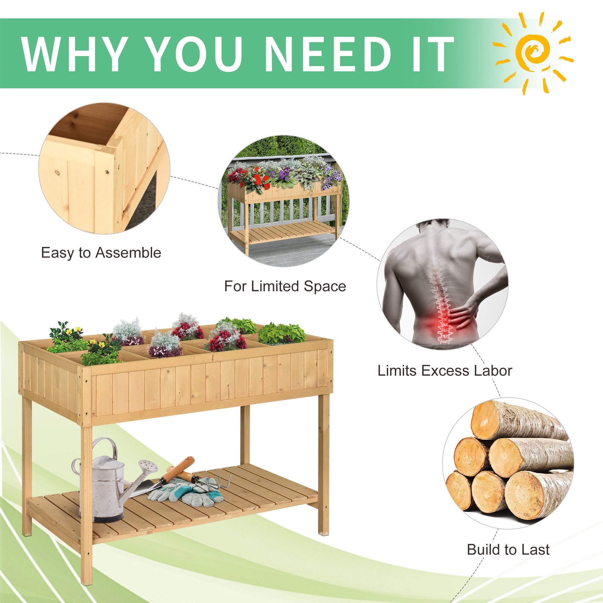 Outsunny 43x18x30in Raised Garden Bed with 8 Pockets and Shelf, Wooden Elevated Planter Box with Legs to Grow Herbs, Vegetables, and Flowers, Natural