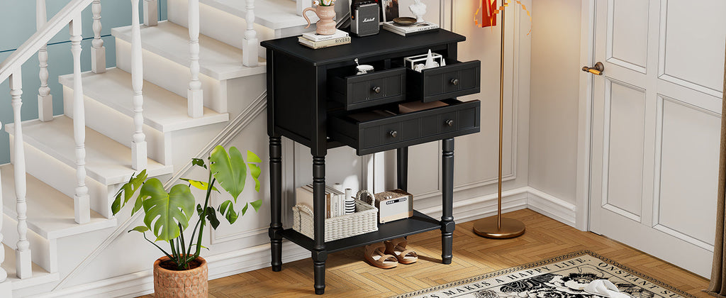 TREXM Narrow Console Table, Slim Sofa Table with Three Storage Drawers and Bottom Shelf (Black)