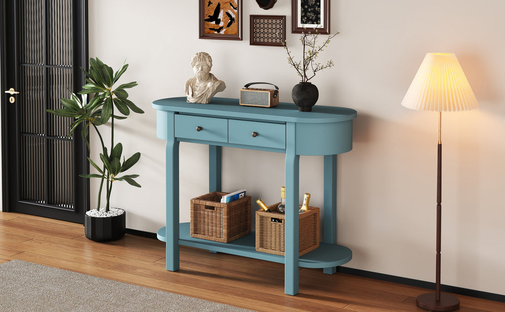 TREXM Elegant Retro Console Table with Curved Design and Smooth Glaze for Entryways, Living Rooms and hallways (Turquoise Green)