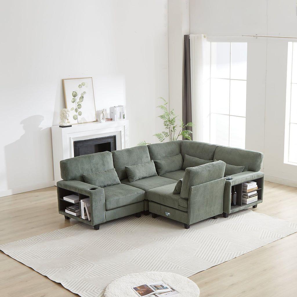 102.75*102.75' L-Shaped Modular Sectional Sofa, Modern Corduroy Sectional Sofa, Arm with Storage With Cup Holder 5-Seat Convertible Sectional Sofa for Living Room, Bedroom, Lounge and Projection Room