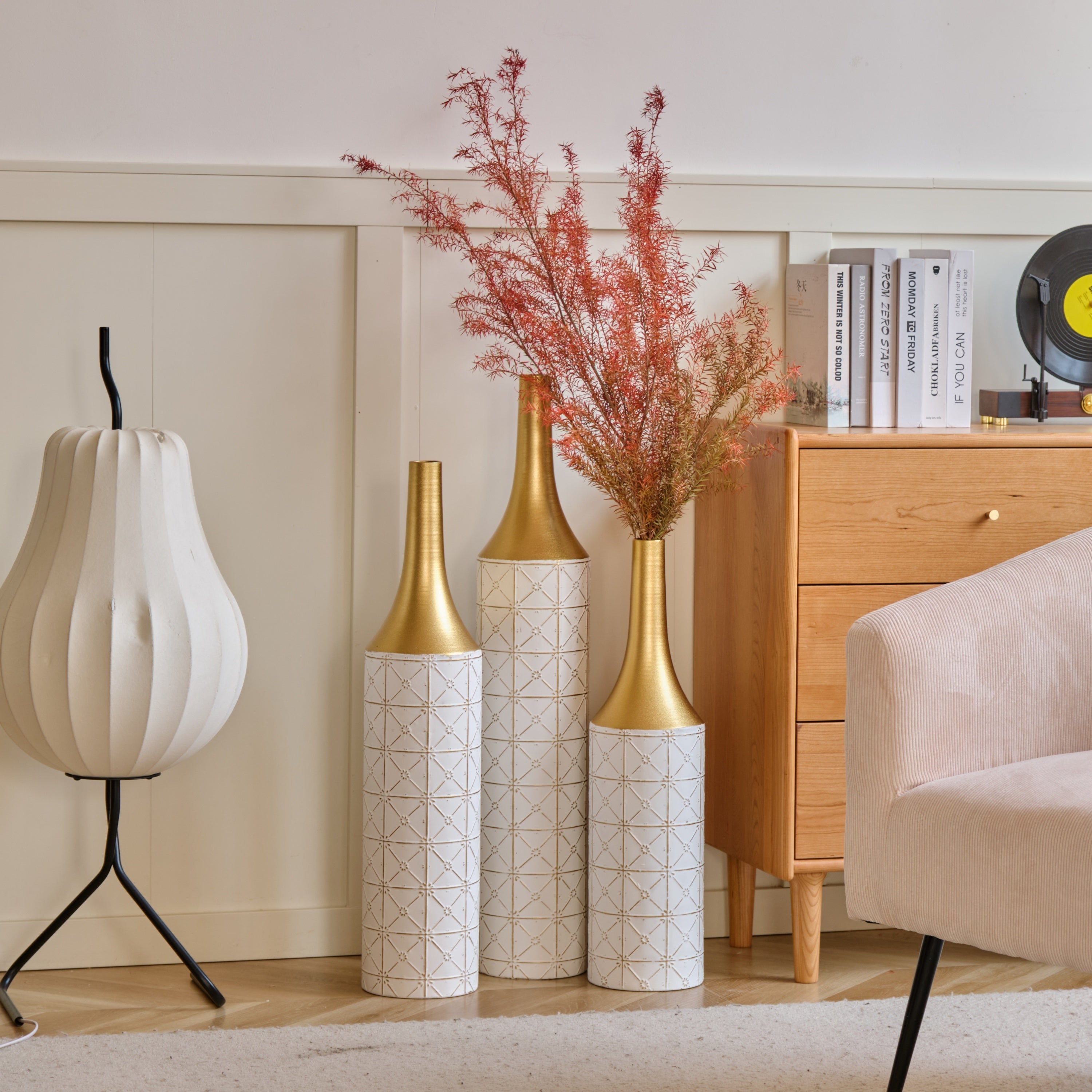 Floor Metal Vases Decorated White Metal Vases Set of 3 Gorgeous Home Decoration Large Glazed Metal Vases 24in/28.7in/33.5in Height