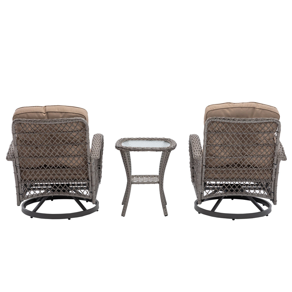 3 Pieces Outdoor Swivel Rocker Patio Chairs, 360 Degree Rocking Patio Conversation Set with Thickened Cushions and Glass Coffee Table for Backyard, Khaki