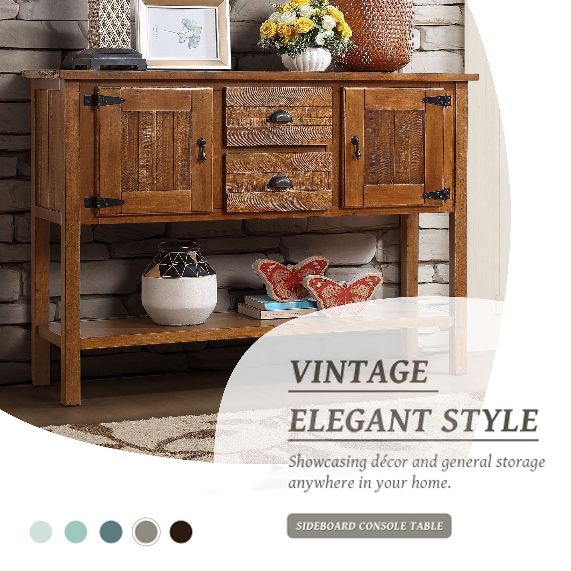 48'' Solid Wood Sideboard Console Table with 2 Drawers and Cabinets and Bottom Shelf, Retro Style Storage Dining Buffet Server Cabinet for Living Room Kitchen Dining Room(Brown)