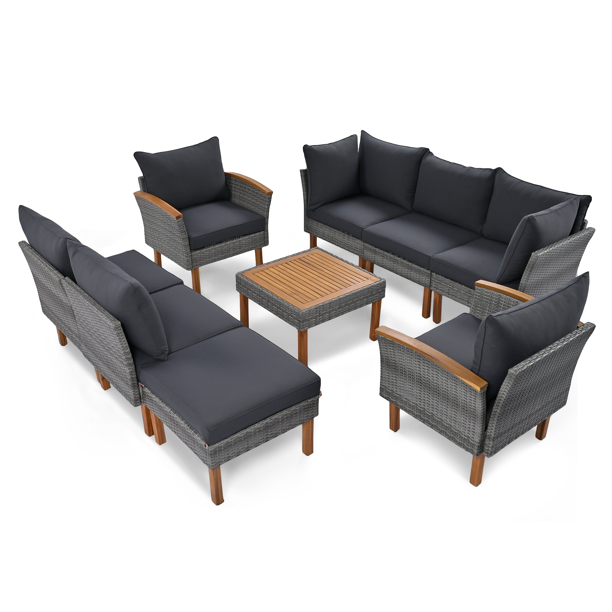 GO 9-Piece Patio Rattan Furniture Set, Outdoor Conversation Set With Acacia Wood Legs and Tabletop, PE Rattan Sectional Sofa Set with Coffee Table, Washable Cushion, Gray