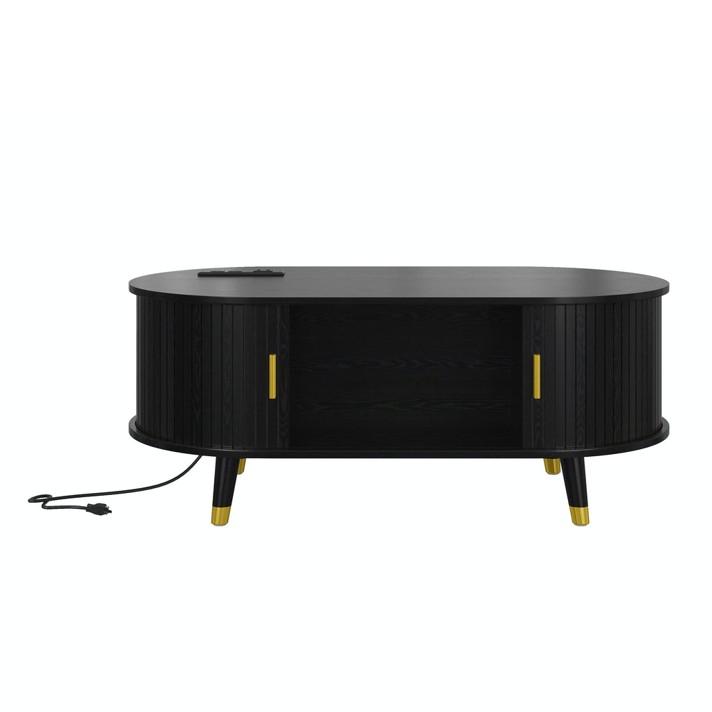 Wooden Farmhouse TV Stand & Coffee Table Set with Charging Station, Oval Fluted Media Console with Sliding Doors for TVs up to 80', Mid-Century Center Table with Solid Wood Legs for Living Room,Black