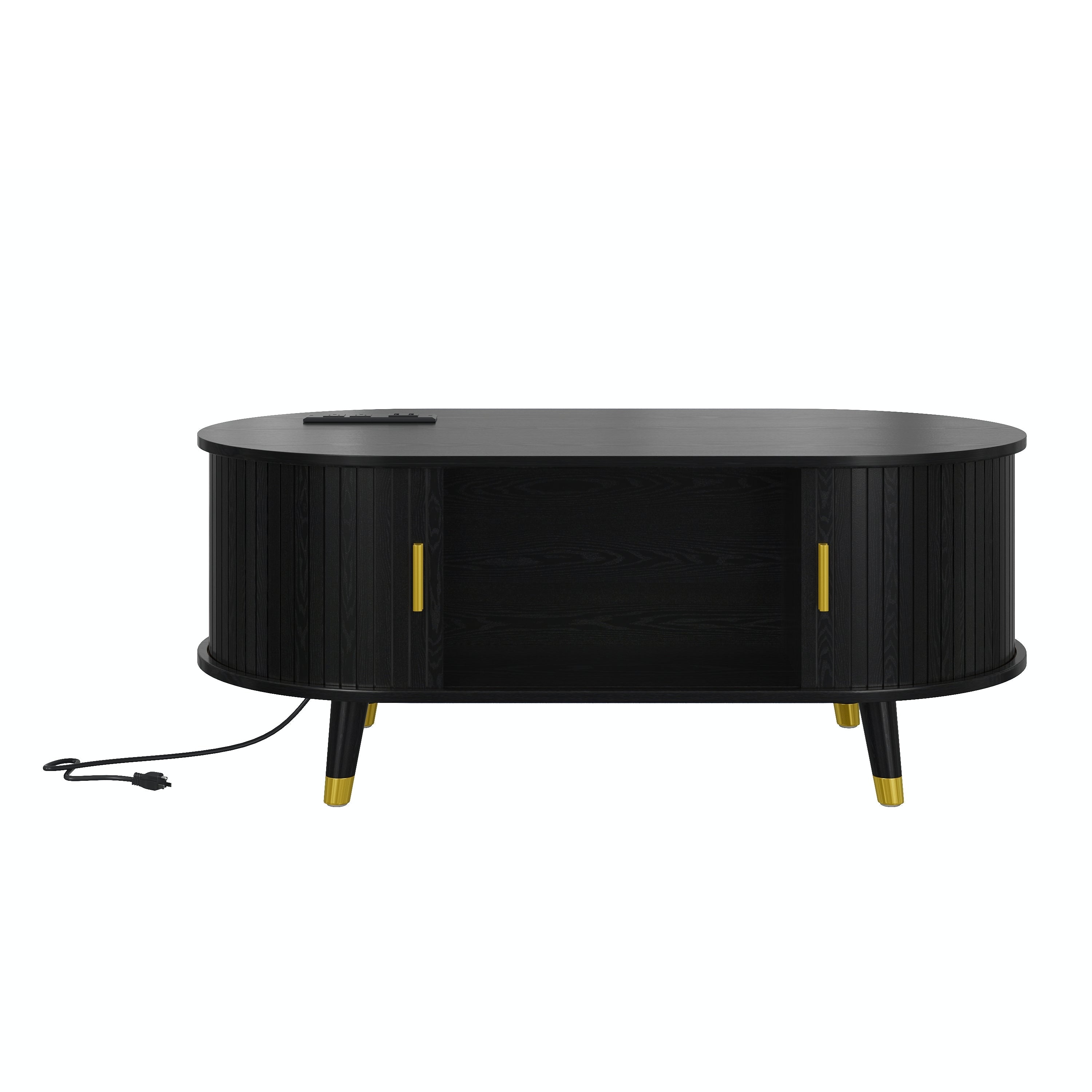 Wooden Farmhouse TV Stand & Coffee Table Set with Charging Station, Oval Fluted Media Console with Sliding Doors for TVs up to 80', Mid-Century Center Table with Solid Wood Legs for Living Room,Black