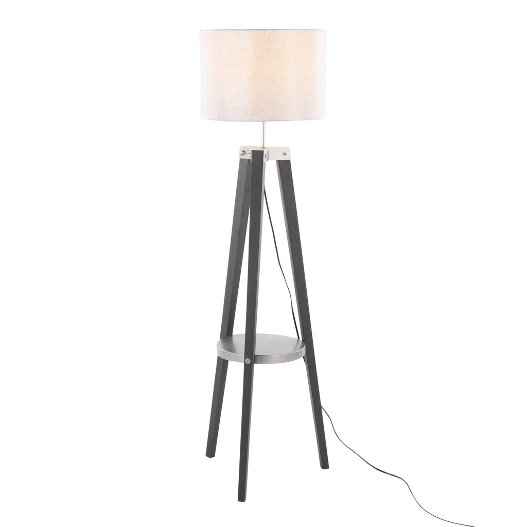 Compass Mid-Century Modern Floor Lamp with Shelf in Black Wood, Silver Metal and Grey Linen by LumiSource