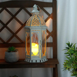 15''H Outdoor Candle Lanterns by JHY DESIGN, vintage gray metal lantern with glass panels