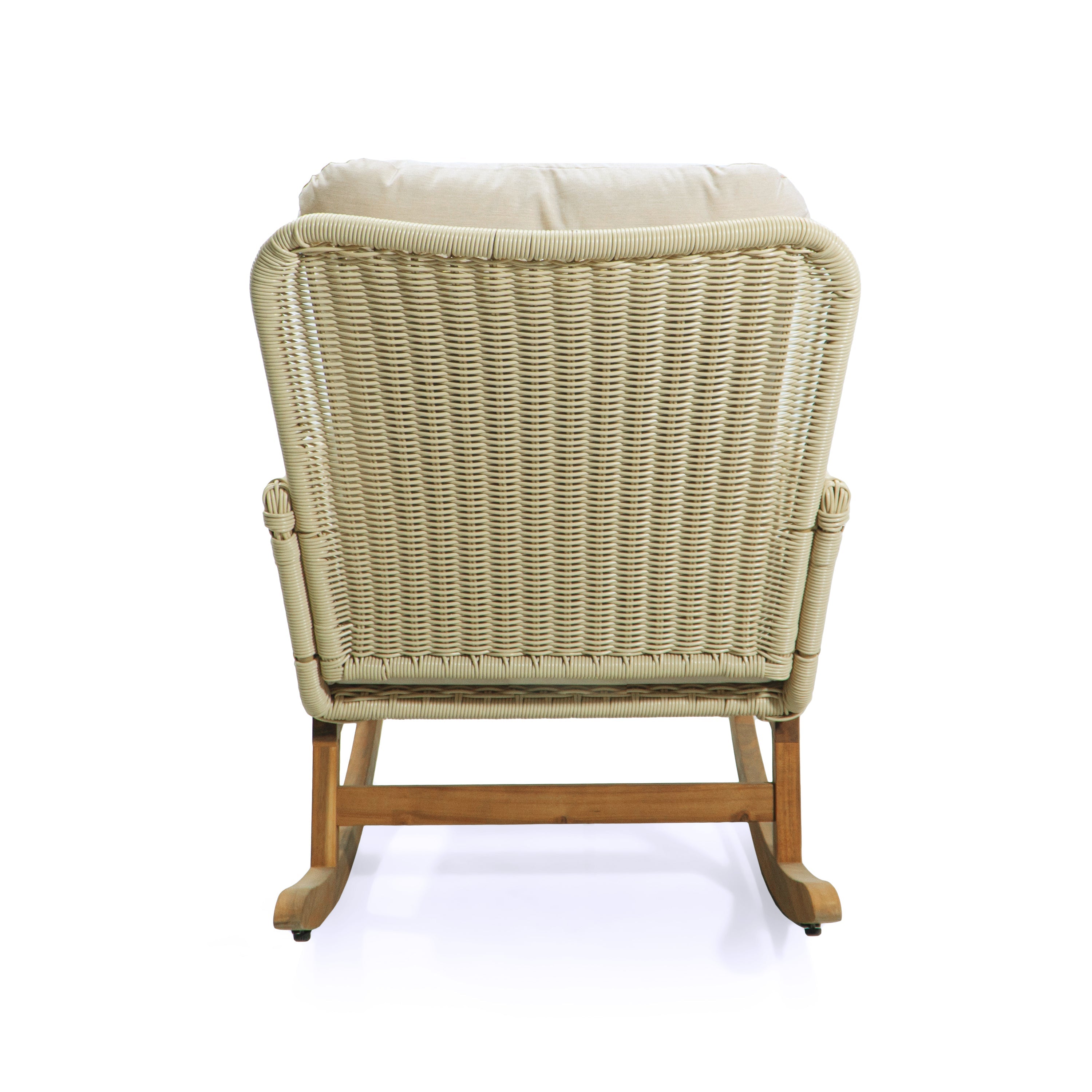 Modern 3-Piece Outdoor Seating Set with Ivory Cushioned PE Rattan Rocking Chairs and Wooden Accent Table, Perfect for Patio or Balcony Relaxation