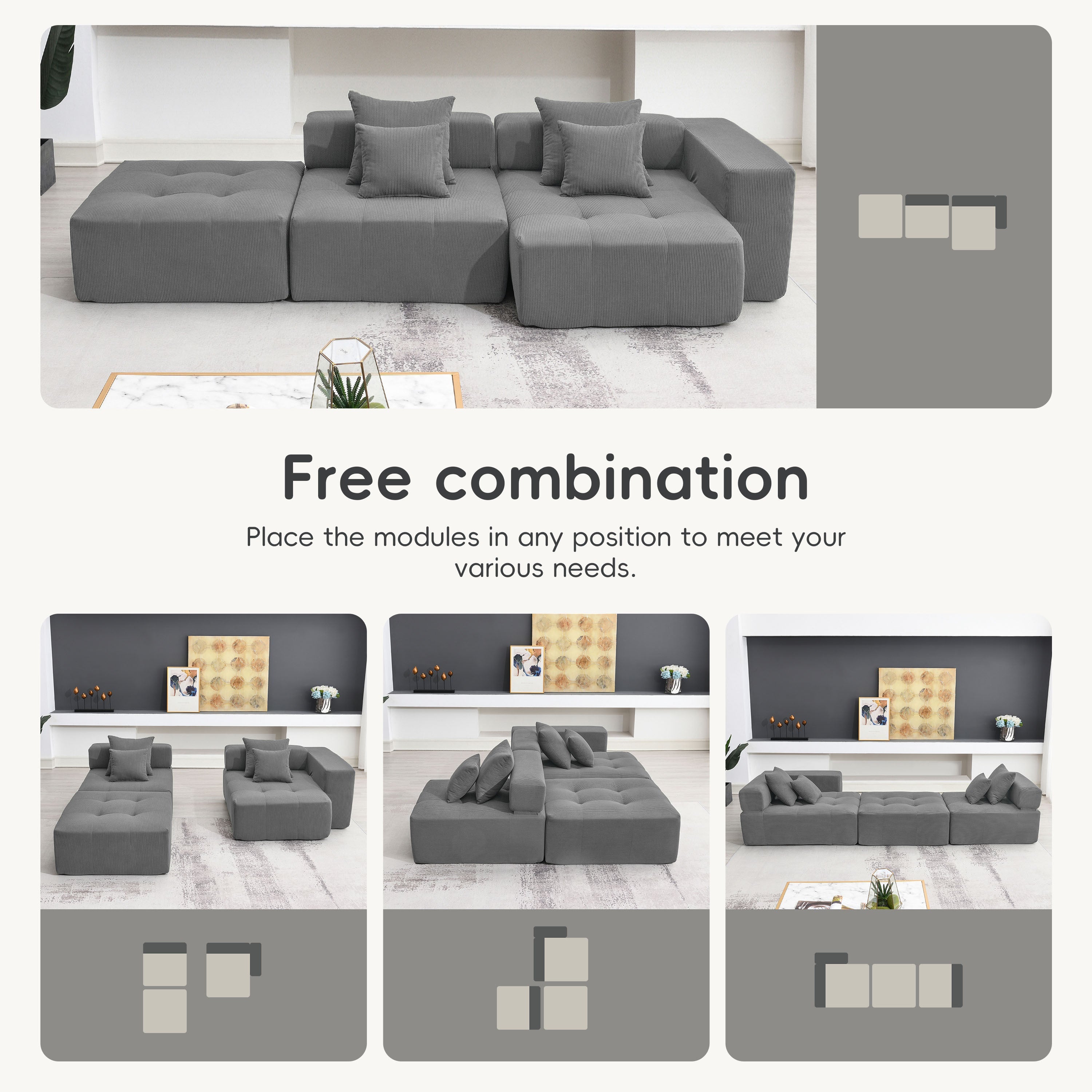 105.5''L Shaped Modular Sectional Sofa,Wide and Deep Seat,Minimalist Wrinkle-resistant Corduroy Couch,Full Compressed Cloud Couch for Living Room,3 PC Free Combination,No Assembly Required,3 Colors