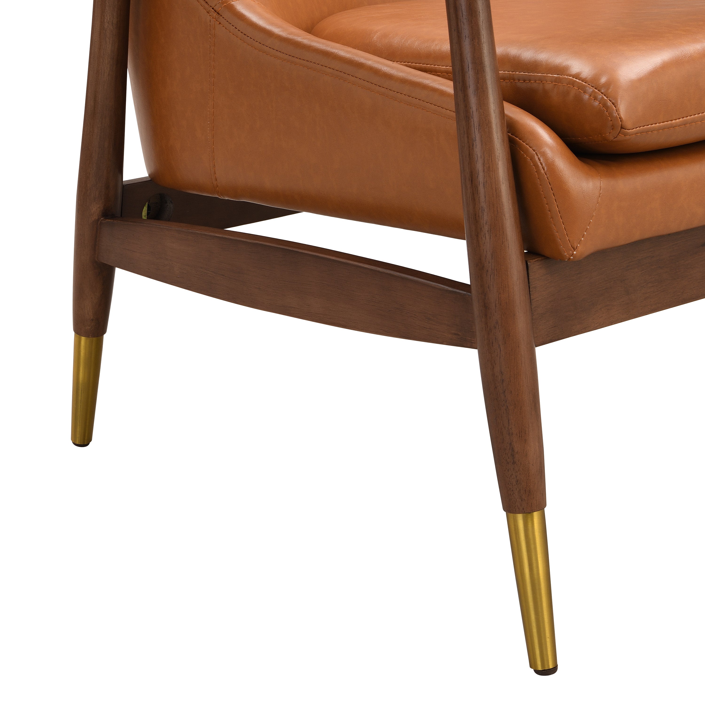 Mid-Century Faux Leather Accent Chair with Cushioned Seat, Solid Wood Frame, Brass-Tipped Legs, Brown