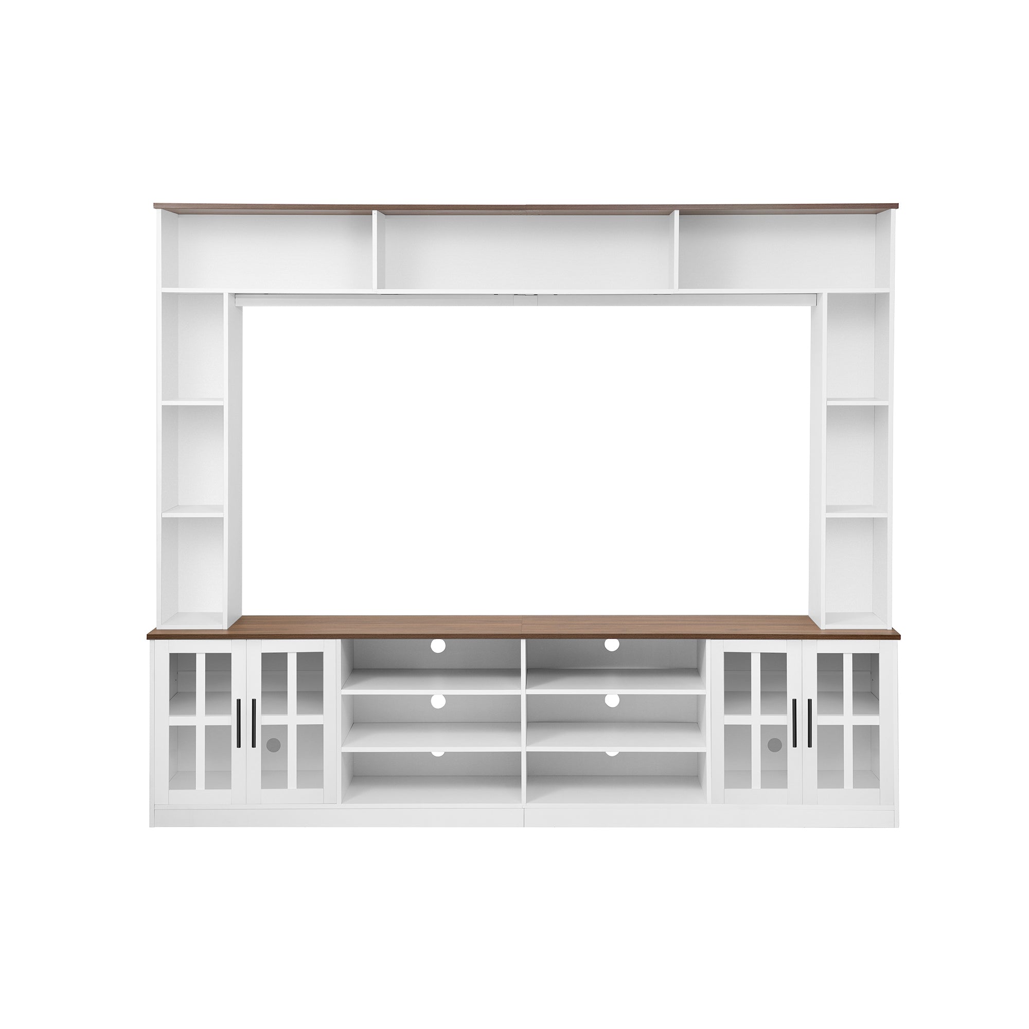 U-Can 95.5' W Wall Unit Entertainment Center with Bookshelves for TVs up to 80', Modern TV Stand Media Console with Cabinets, Tempered Glass Doors and Adjustable Shelves for Living Room