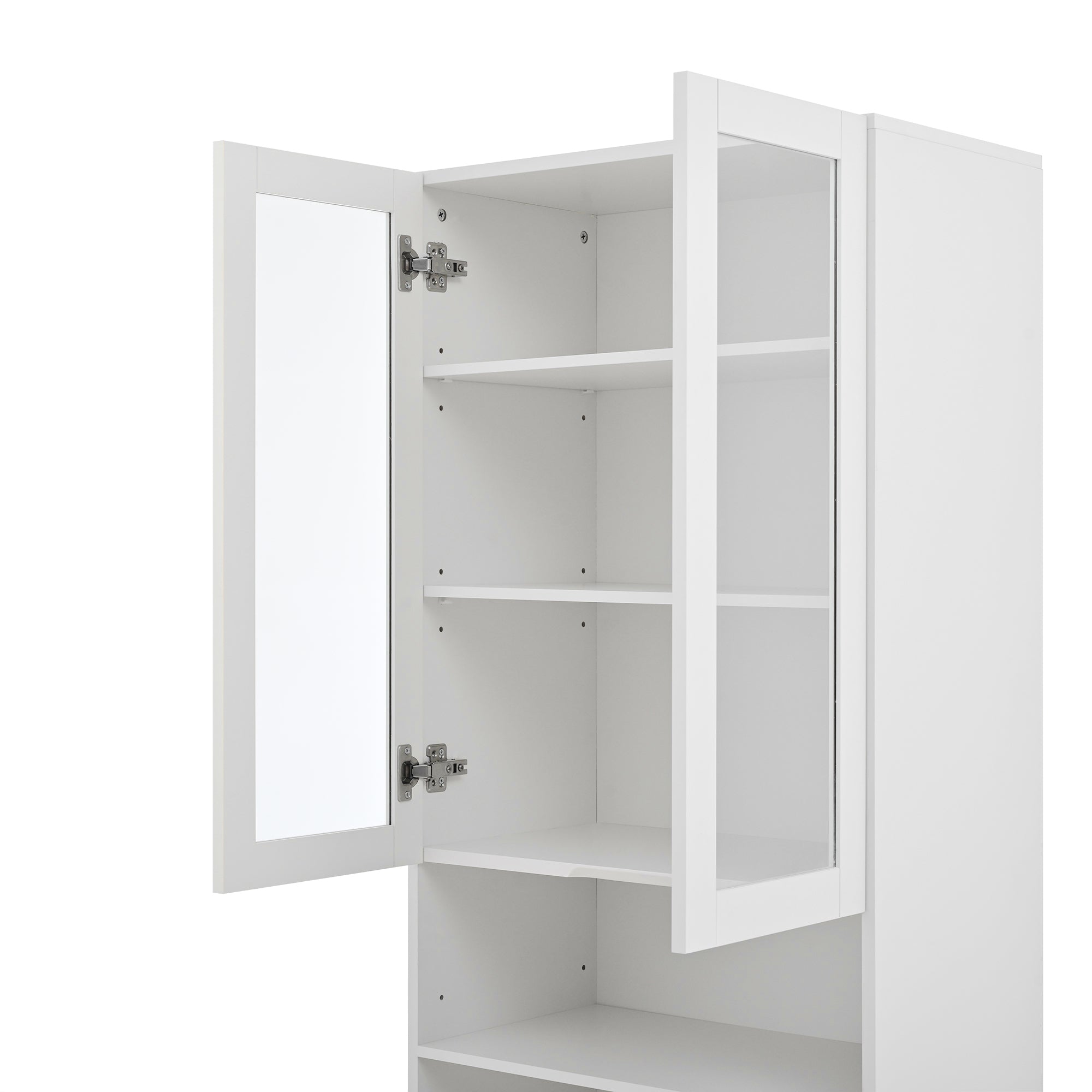 Versatile Makeup Vanity Desk with Mirror and Charging Station, Dressing Table with 8 Hidden Storage Compartments, Computer Desk with 3 Drawers, 2 Cabinets and Open Shelves,Home Office Desk, White