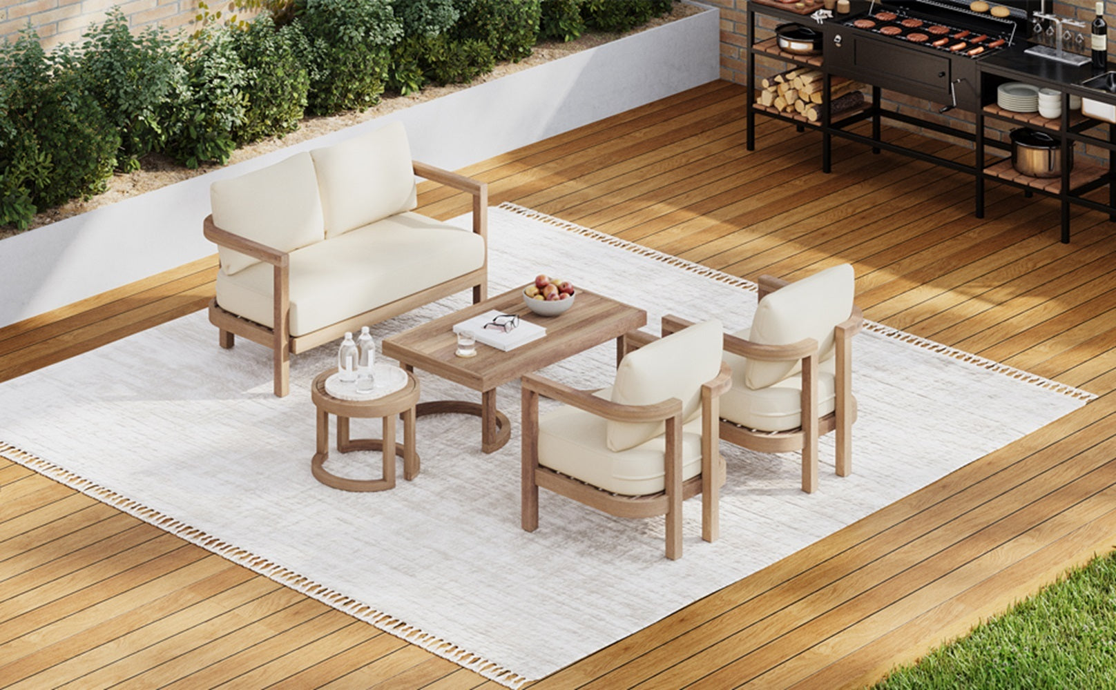 5-Pieces Acacia Wood Patio Furniture Set, Outdoor Furniture with Coffee Table, Patio Conversation Set Deep Seating with Soft Cushion, Porch Chairs for Garden, Backyard Porch Balcony, Brown wash, Beige