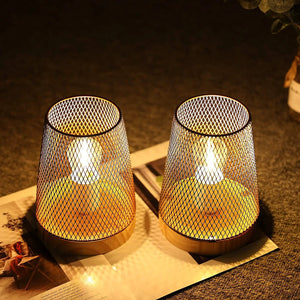 7.5-inch high battery-powered metal mesh table lamps, set of 2, by JHY DESIGN with wooden bases and warm amber glow