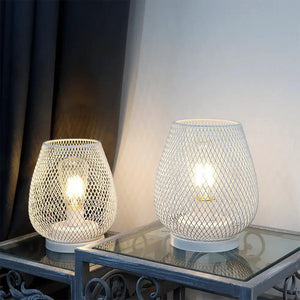 6.7in Tall Battery Powered Outdoor Table Lamp by JHY DESIGN, white lattice cage lamps (set of 2) on glass table