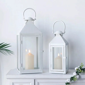 Set of 2 white metal candle lanterns, 17.5-inch and 13.5-inch, by JHY DESIGN