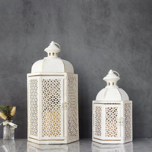 Decorative outdoor candle lanterns by JHY DESIGN, two white distressed metal lanterns with lattice panels