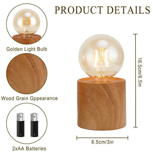 Wood grain battery-operated table lamp set (4), 6.5 inches tall, includes 2 AA batteries.