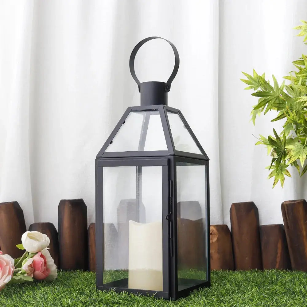 16-inch high stainless steel black decorative candle lantern by JHY DESIGN with glass panels