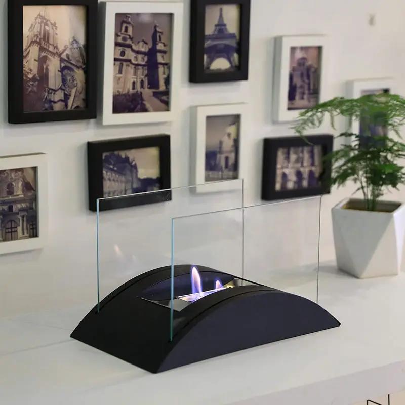 Rectangular 13.5-inch tabletop fireplace with a black curved base, dual glass panels, gel/ethanol burner.