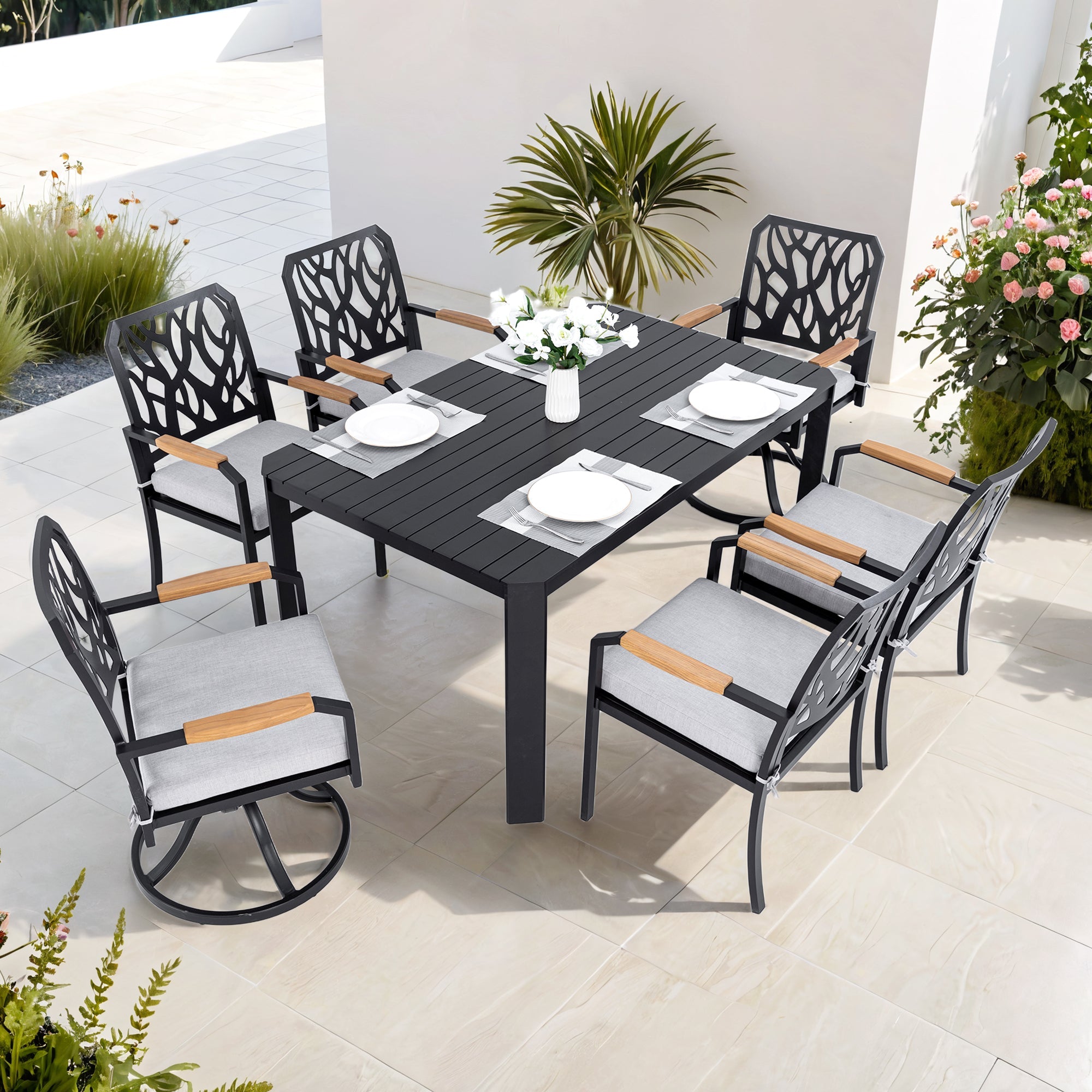 7-PC Outdoor Patio Aluminum Furniture Set, with 4 Dining Chairs & 2 Swivel Rockers Sunbrella Fabric Cushioned, Nature-Inspired Branch-Like Backrest, Rectangular Table with Umbrella Hole,Bourbon Brown